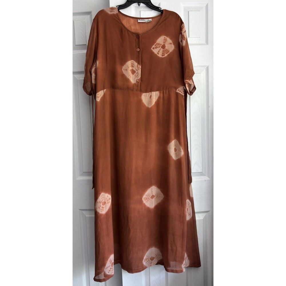 VTG 90’s Kalidaz S/S Rust Burnt Orange Sheer Maxi Dress w Tie Dye Pattern Sz XL